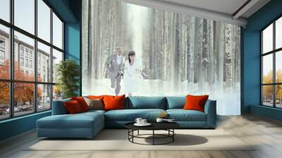 bride and groom in forest Wall mural