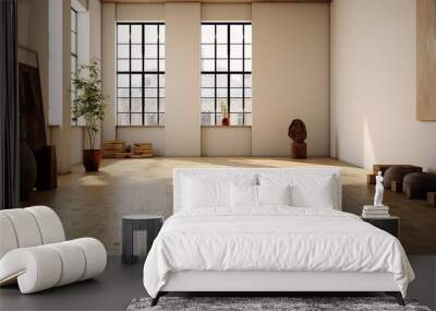 bright empty room hall with a large window and parquet, natural lighting. Wall mural