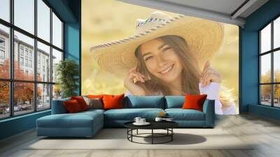 cheerful happy girl smiling in the summer in the field portrait, young girl happiness lifestyle Wall mural