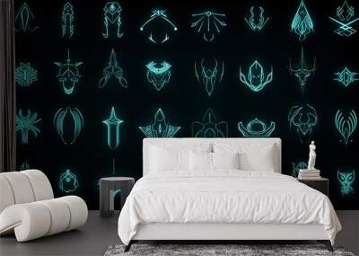 collection of runes, fictional icons of mystical magic, glowing set symbols on a black background, neon mysterious symbols Wall mural