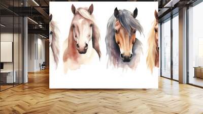 Collection of running horses on a white background watercolor drawing. Generative AI Wall mural