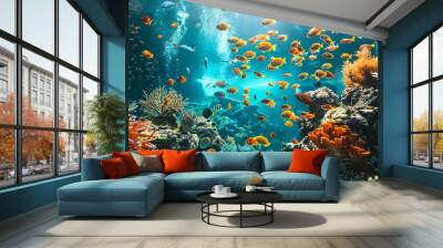 colorful marine fish in the underwater landscape of a coral reef in the tropical ocean Wall mural