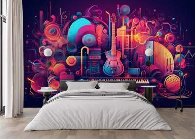 colorful neon background musical style theme abstract musical instruments 3d layout. Generative AI Wall mural