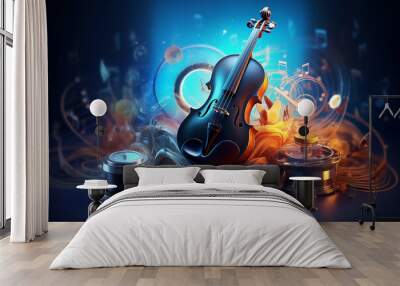 colorful neon background musical style theme abstract musical instruments 3d layout. Generative AI Wall mural