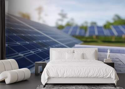 Construction project on the background of solar batteries, image of green energy Wall mural