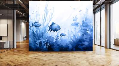 coral reef underwater, blue watercolor illustration, fish and corals ocean nature, cartoon image on white background Wall mural