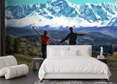 couple hands up mountains, landscape adventure active view Wall mural