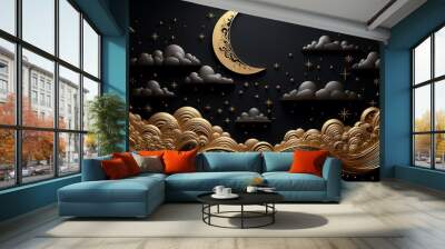 crescent moon fairy tale arab night stars clouds black background. Wall mural