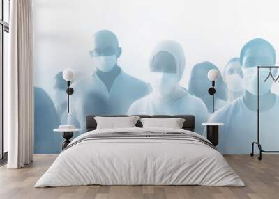 crowd of abstract silhouettes of people in medical masks, long narrow panoramic view,  social issue, grim horror zombie apocalypse background Wall mural