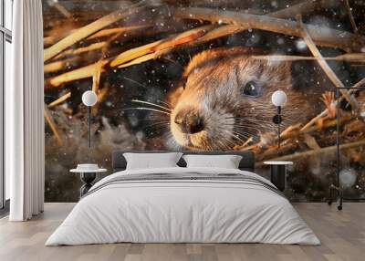 cute fluffy groundhog wakes up in his burrow day, the onset of spring, the change of seasons, prediction in February Wall mural