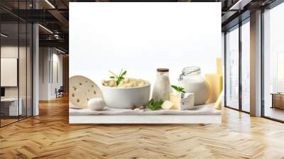 dairy products, cheese, milk, isolated on a white background long narrow panorama composition. Wall mural