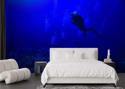 divers underwater at depth in the blue sea background Wall mural