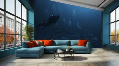 divers underwater at depth in the blue sea background Wall mural