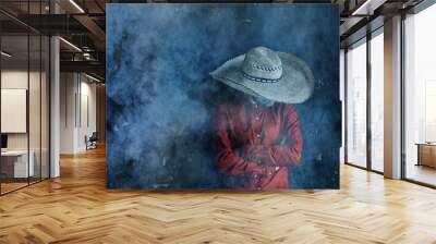 farmer hipster in a straw hat with brim in smoke smoking tobacco retro style wild west sambrero Wall mural