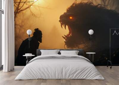 fighting fear silhouette psychology aggression stress monster concept therapy, horror in the forest werewolf Wall mural