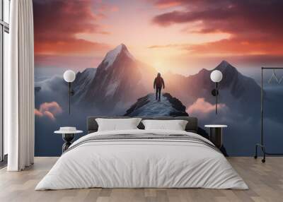 figure of a man on the way to a mountain peak at dawn, against the background of an incredible rocky landscape in dawn colors, the concept of the path to success, achievement in business Wall mural