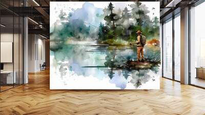 fisherman on a white background watercolor drawing poster. Wall mural