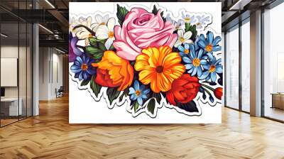 flat graphics sticker bouquet of multicolored flowers isolated cut out on the background Wall mural