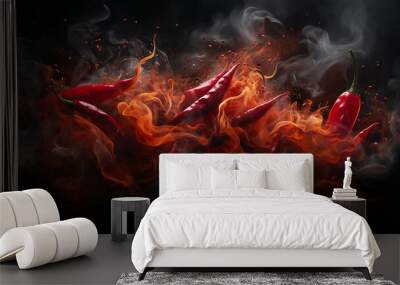 fresh hot red chili pepper on a black background, fiery hot seasoning Wall mural