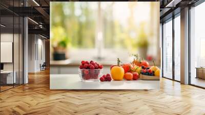 fresh vegetables and fruits in a modern kitchen in a shopping bag Wall mural