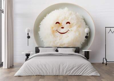 Funny food for kids, cute rice porridge on a plate on a white background, character with a smile and eyes Wall mural