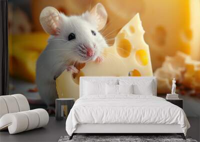 Funny white mouse sitting in a yellow piece of cheese with holes Wall mural