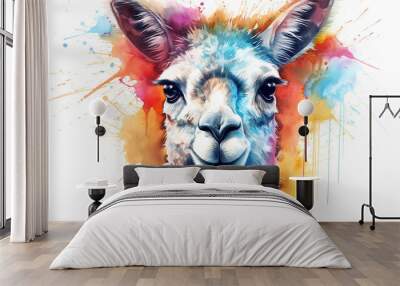 Furry lama is a wild animal in colorful bright colorful watercolor splashes with a cheerful look Wall mural