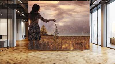 girl in the sunset cloudy sky Field Wall mural