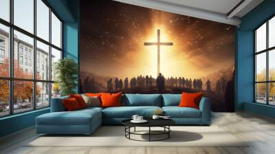 glowing cross crowd of people silhouettes. faith hope religion. Wall mural