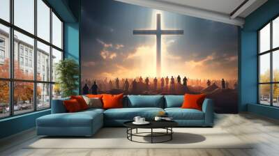 glowing cross crowd of people silhouettes. faith hope religion. Wall mural