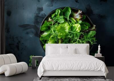 green food balanced diet, plate with green salad top view. Wall mural