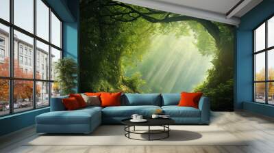 green forest tunnel arch corridor background with copy space. Wall mural