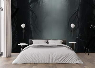 Horror a lonely silhouette vertical, high, narrow, in a gloomy foggy forest, maniac thriller the darkness of the night Wall mural