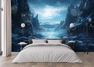 icy world, twilight in a frozen world among icy rocks snowfall, abstract cold blue landscape mountains Wall mural