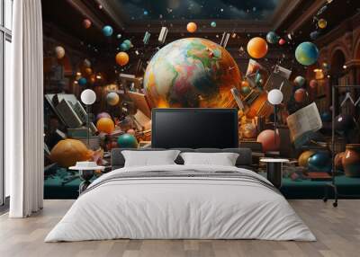 illustration, complex background global education, laptop and international learning system Wall mural