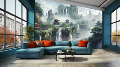 landscape in an ancient Chinese city with waterfalls and mountains. Generative AI Wall mural