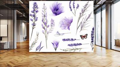 lavender objects isolated on a white background, blades of grass and flowers in watercolor style, set collection Wall mural