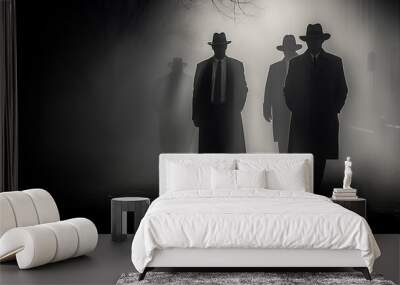 mafia black figures come out silhouettes from the night fog black and white photo Wall mural