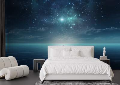 man in a boat sea and starry sky at night with reflection, dream sleep picture in imagination Wall mural