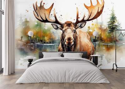 Moose with big horns, a brown wild beast, the king of the forests in splashes of watercolor paints Wall mural