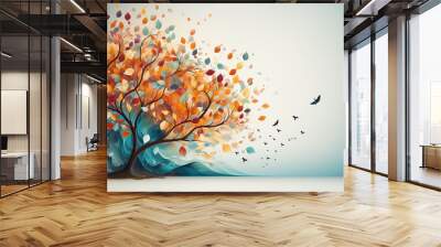 multicolored autumn tree is a symbol of nature on an unusual background computer graphics logo Wall mural