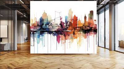 multicolored watercolor flat drawing of a city line in the style of ink spots on a white background. Wall mural