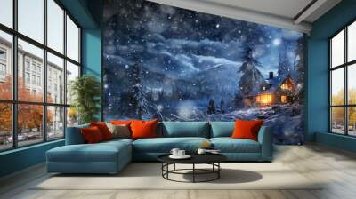 night winter landscape of nature, a lonely hut among the snowfall in the forest mountains, the shelter of a forester in the north, snowflakes falling, dark blue evening Wall mural