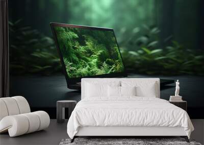 open laptop turned on against the background of green nature, eco-friendly concept new technologies green energy Wall mural