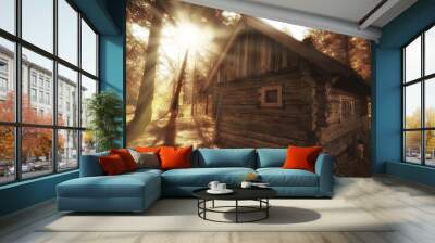 outdoor activities tourism, holiday house in a pine forest, summer landscape sunny day nature north Wall mural