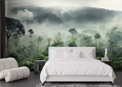 panorama of the rainforest tree tops in the fog. Generative AI Wall mural