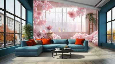 pink decor balloons in the room festive atmosphere copy space. Generative AI Wall mural