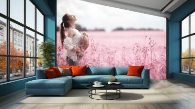 pink field girl freedom, nature springtime summer nature portrait Wall mural