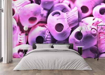 pink skulls background, abstract texture champignons treat for halloween autumn hipster background Wall mural