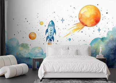 planets in space on a white background, watercolor drawing for children primitive minimalistic poster illustration Wall mural